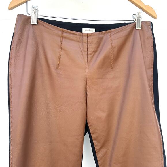 Vintage Neiman Marcus Camel Leather Front Pants Stretchy Low Rise Large Leggings - Picture 5 of 8